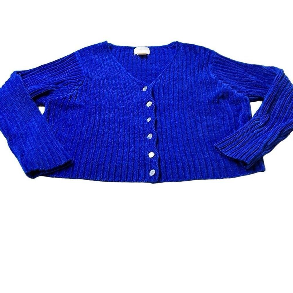 Moda Int'l Women's Blue Button Front Cropped Ribbed Cardigan Sweater Large